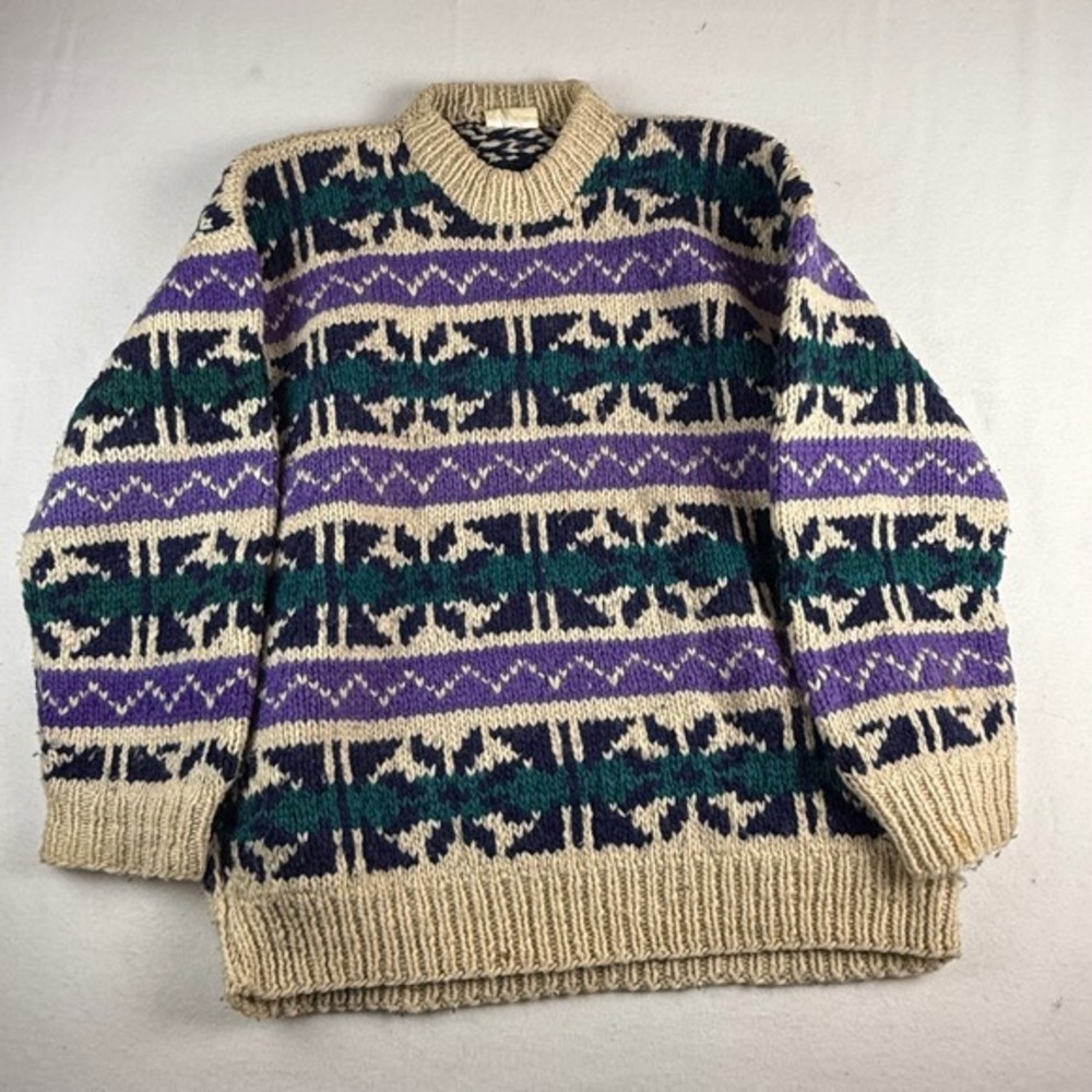 Vintage Rey Wear Hand Knit 100% Wool Sweater Made in Ecuador
